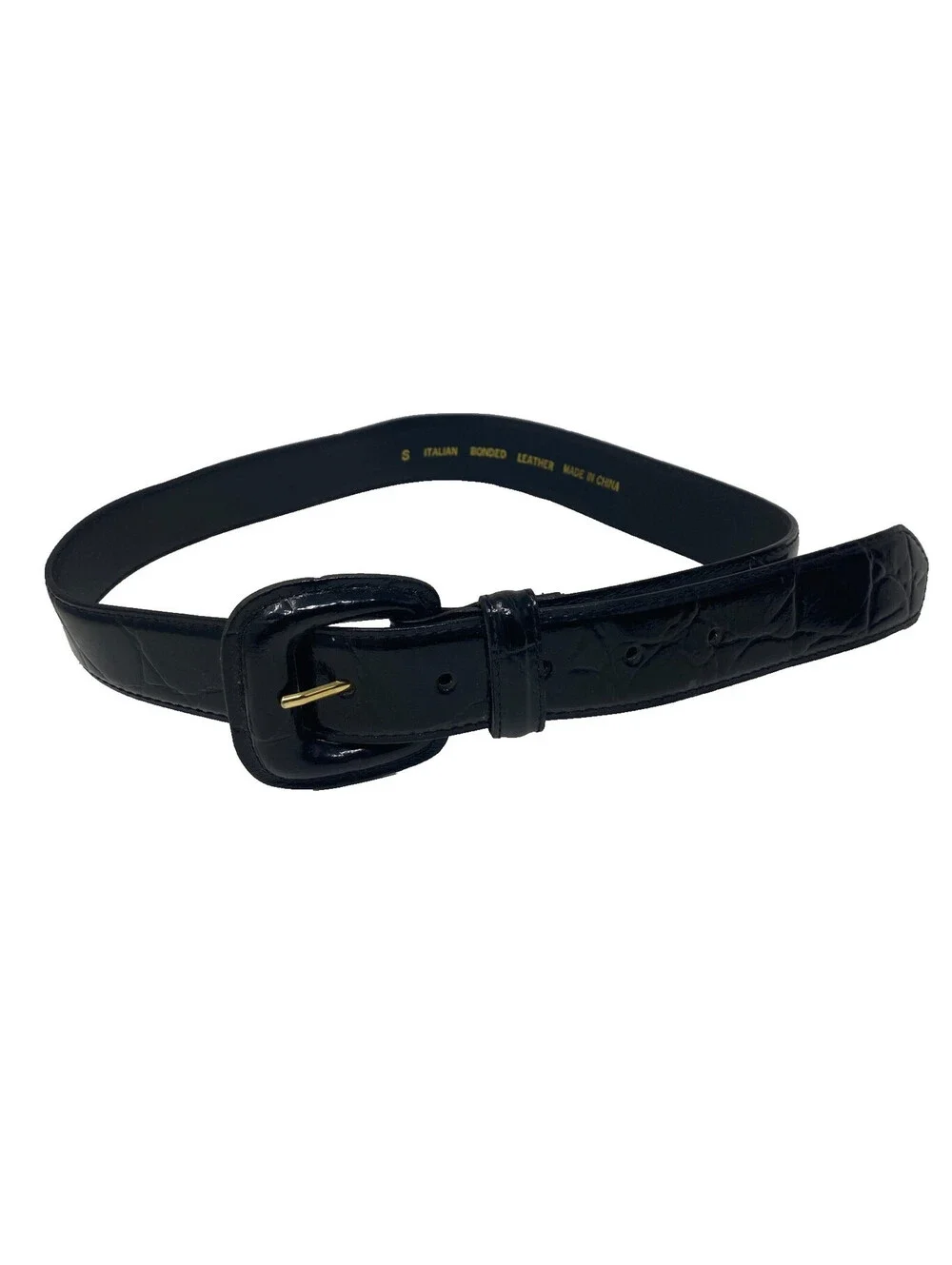 Women's Black Croc Embossed Belt Size S Self Buckle Gold Tone Bonded Leather